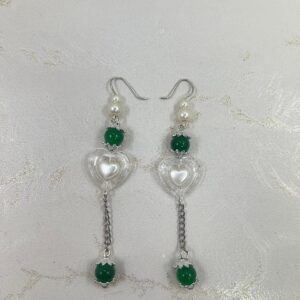 Emerald Green Bead & Heart Charm Earrings