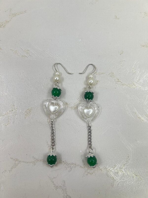 Emerald Green Bead & Heart Charm Earrings