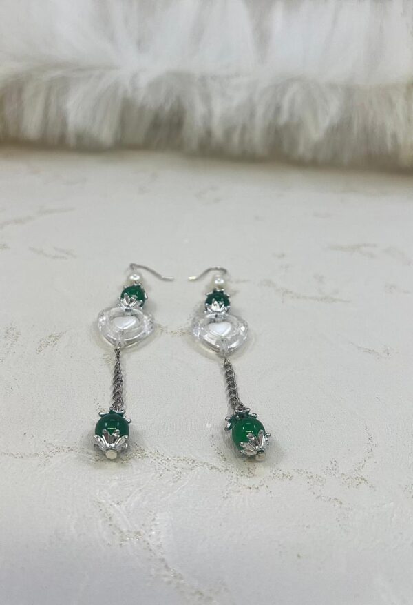 Emerald Green Bead & Heart Charm Earrings - Image 3