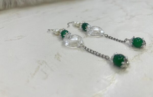 Emerald Green Bead & Heart Charm Earrings - Image 2